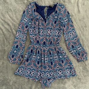 Express Blue and Pink Paisley Open Back Romper Women’s XS